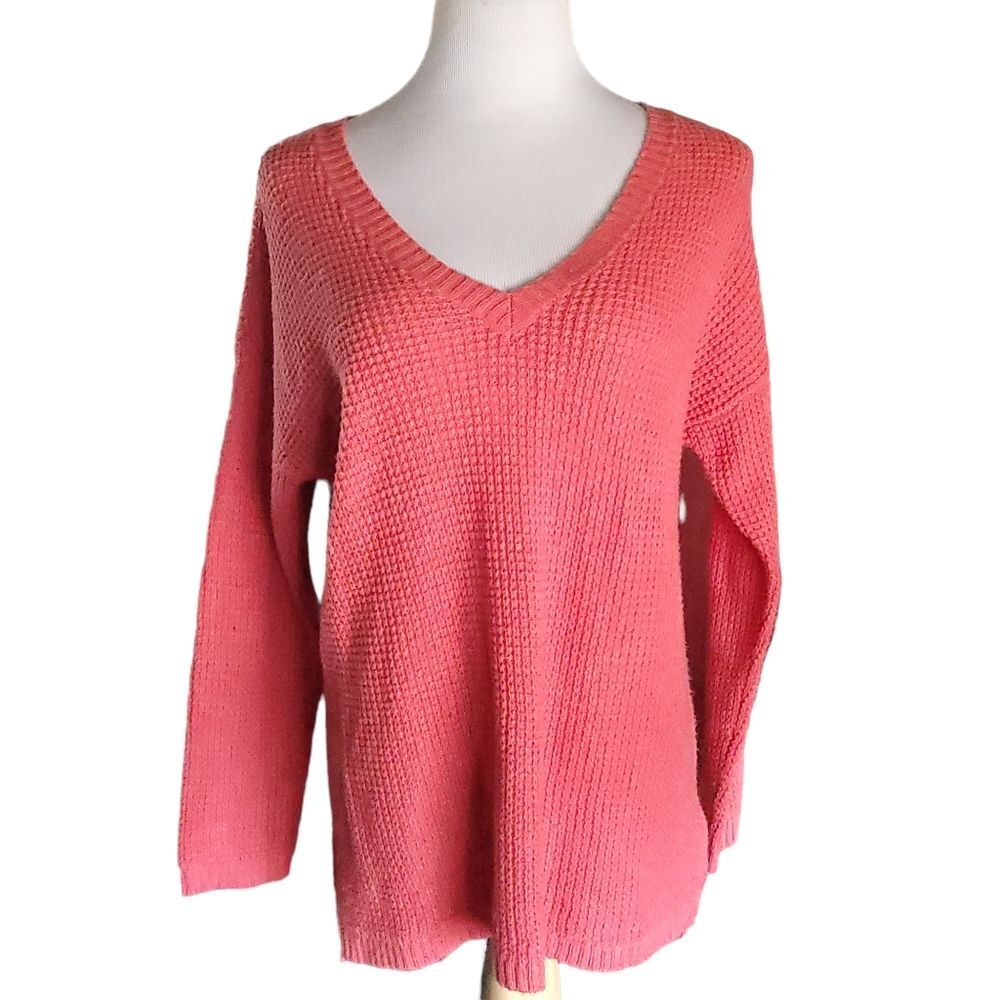 J Jill Sweater Textured Knit Womens Medium Red Coral V-Neck yak wool blend